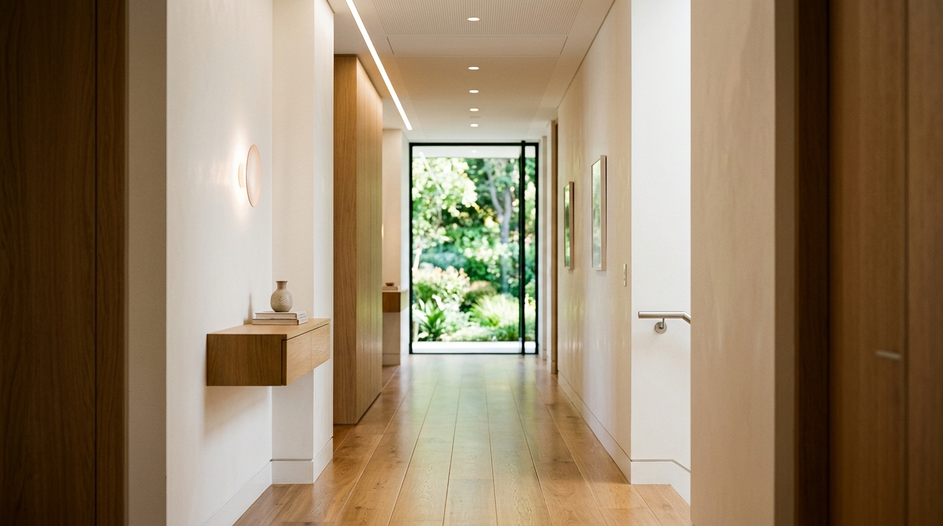 Architectural perspective of a 36-inch wide hallway with wall-mounted storage and clear sightlines toward a sun-drenched living area. Architectural perspective of a 36-inch wide hallway with wall-mounted storage and clear sightlines toward a sun-drenched living area.