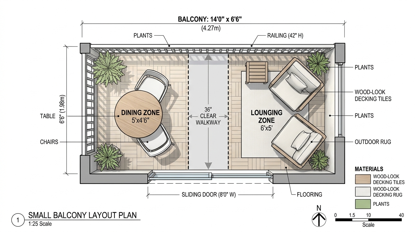 Architectural floor plan view of a balcony showing 36-inch walkway clearances and ergonomic furniture placement for optimal spatial flow.