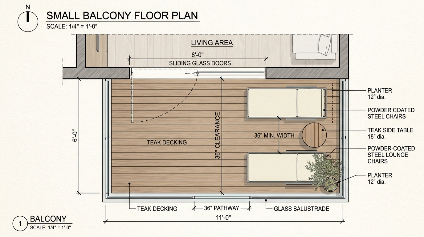 An architectural top-down perspective of a balcony layout illustrating the 36-inch circulation path and 30-inch dining clearance for optimal small apartment balcony ideas architecture.
