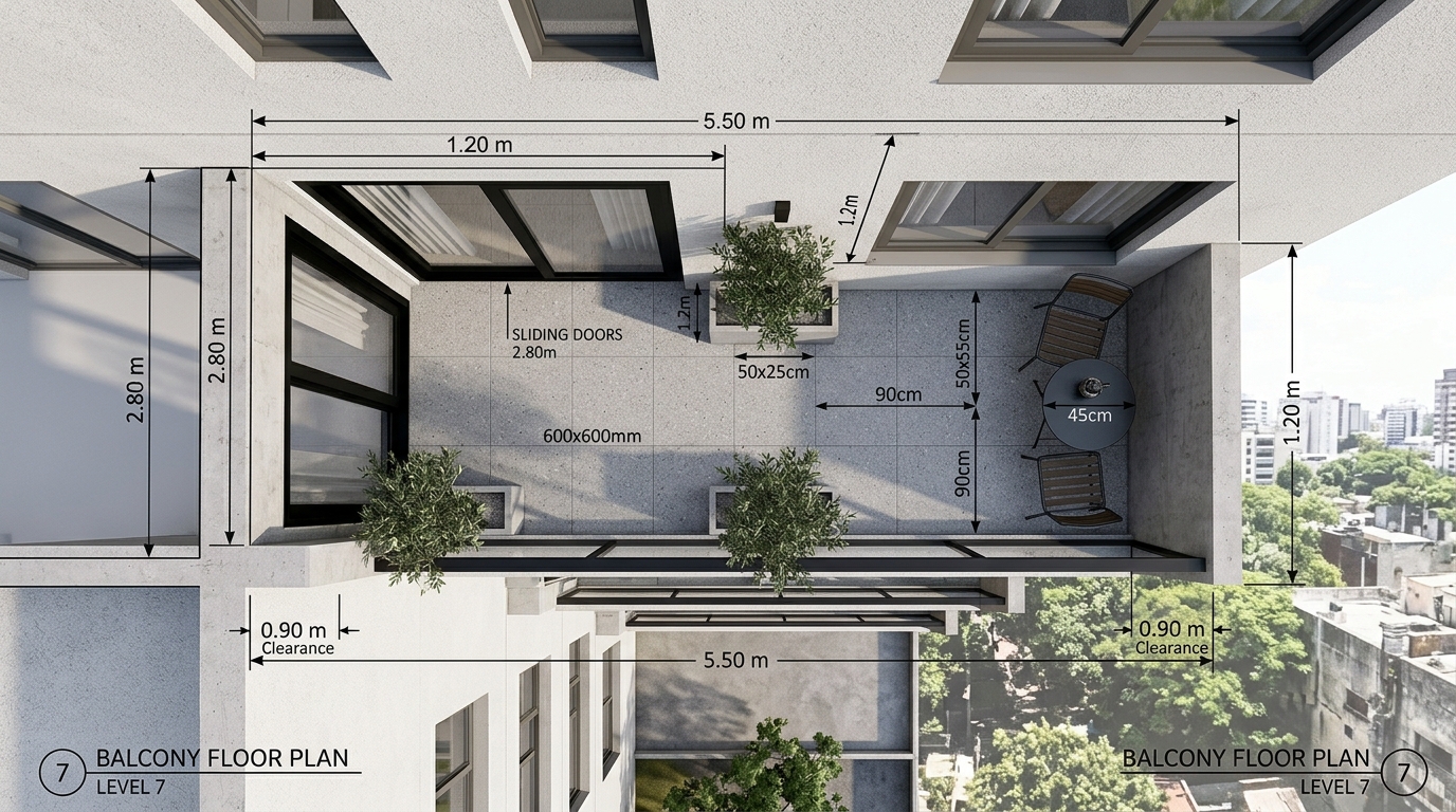 Architectural floor plan view of a narrow balcony layout showing 36-inch walkway clearances and ergonomic furniture placement for a small apartment.