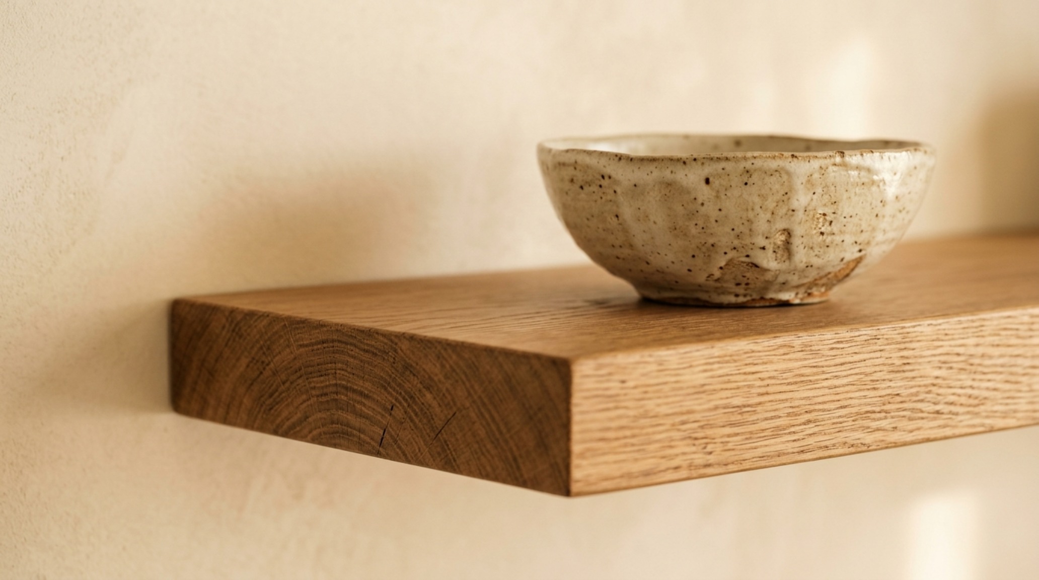 A close-up of a perfectly styled floating shelf at a 42-inch reach height, featuring a matte ceramic vase and linen books against a Benjamin Moore Swiss Coffee limewash wall.