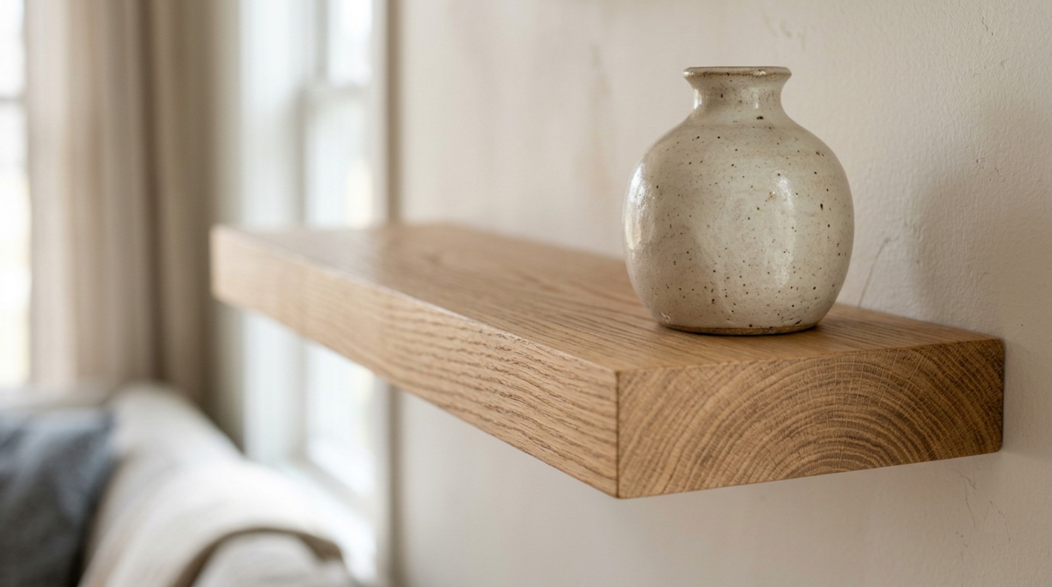 Close-up of a customized Ikea Lack shelf wrapped in natural white oak veneer, highlighting the tactile materiality and architectural built-in look. Close-up of a customized Ikea Lack shelf wrapped in natural white oak veneer, highlighting the tactile materiality and architectural built-in look.