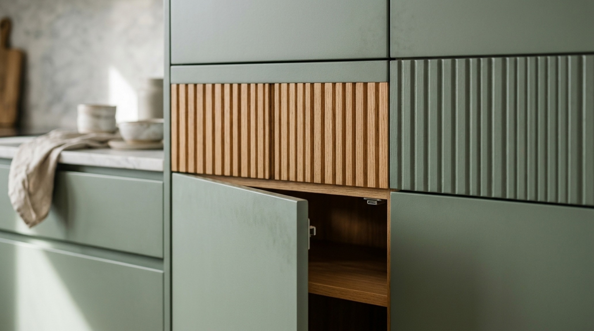 Detail shot of a custom sage green built-in cabinet with hidden push-to-open storage, demonstrating multi-functional space-saving solutions. Detail shot of a custom sage green built-in cabinet with hidden push-to-open storage, demonstrating multi-functional space-saving solutions.