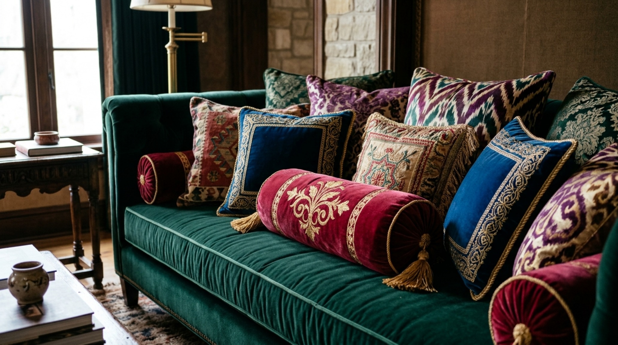 A close-up of a custom silk velvet daybed styled with patterned bolsters, demonstrating ergonomic multi-functional furniture in a 300-square-foot studio layout.