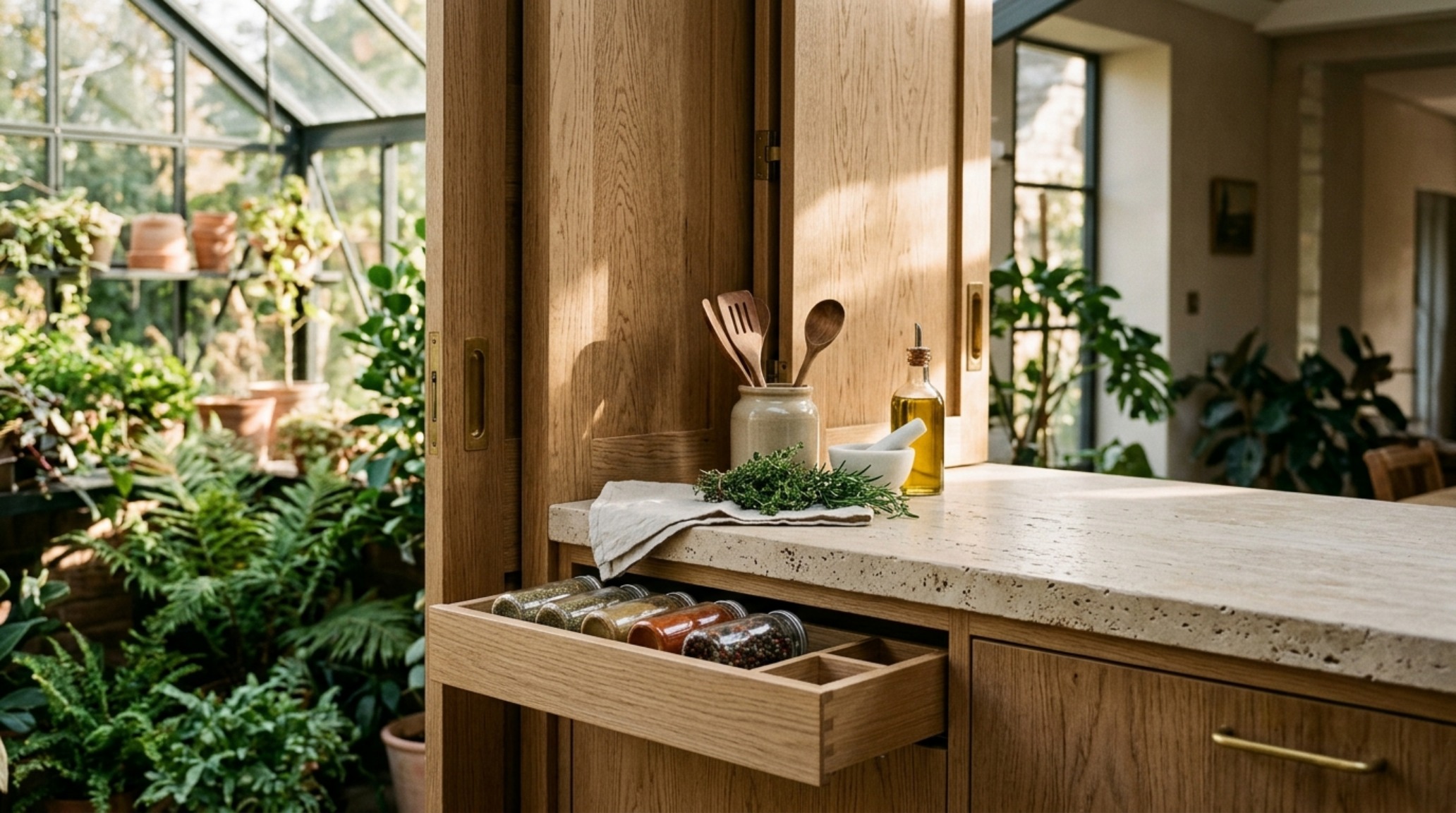 Detail shot of a multi-functional kitchen with fluted white oak cabinetry and integrated storage solutions for optimized ergonomics in a greenhouse environment. Detail shot of a multi-functional kitchen with fluted white oak cabinetry and integrated storage solutions for optimized ergonomics in a greenhouse environment.