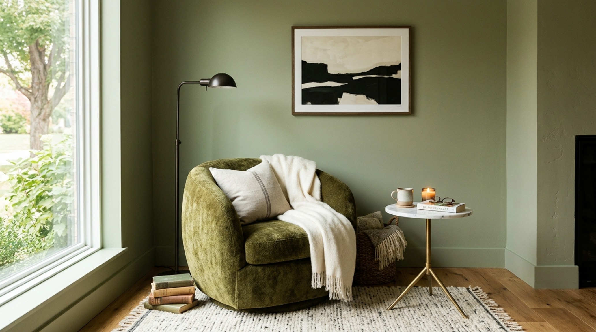 Detail view of a curated green room corner showing a 57-inch height-aligned gallery wall and a curved velvet armchair for ergonomic comfort.