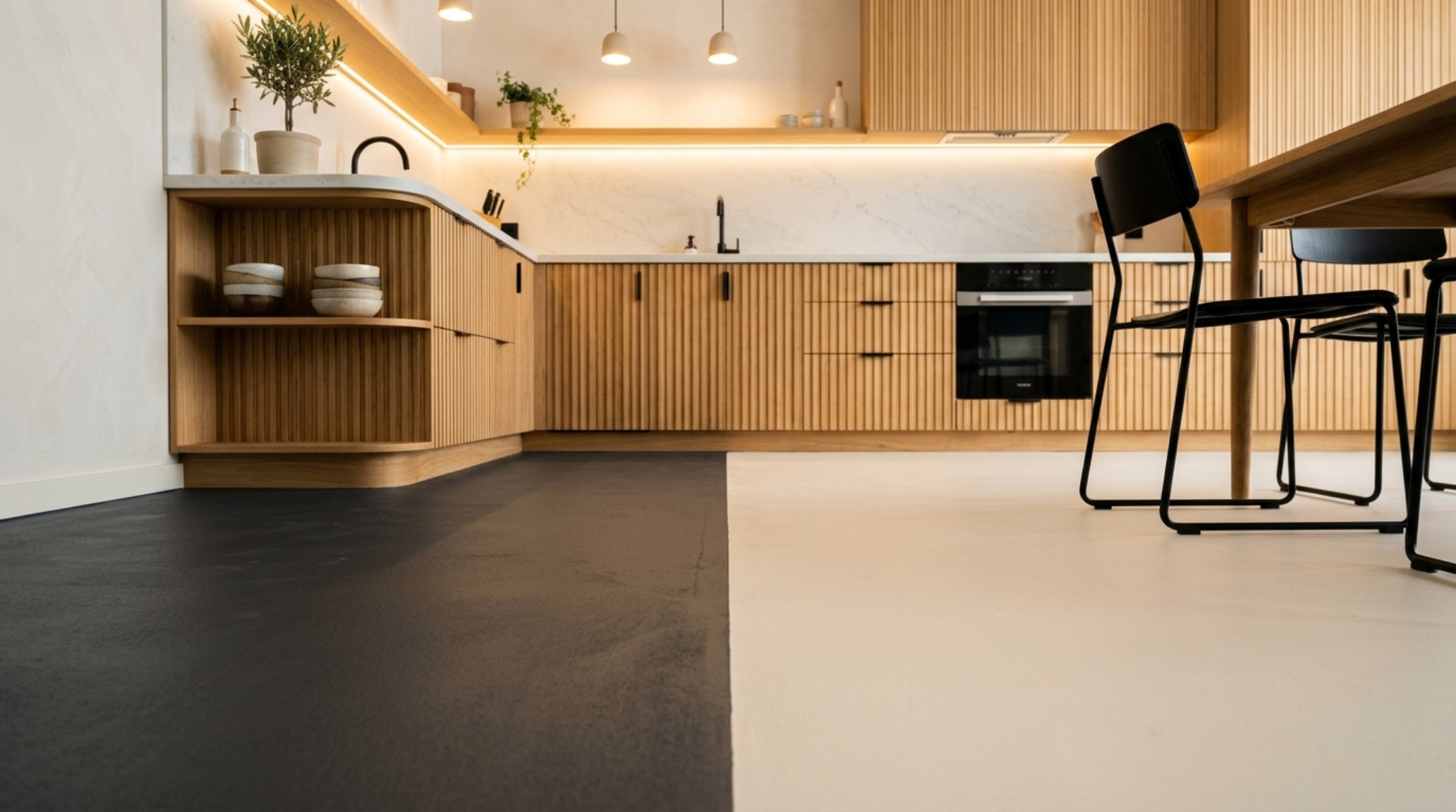 Detail shot of a kitchen threshold demonstrating painting floors decor ideas architecture with a charcoal-to-white color transition.