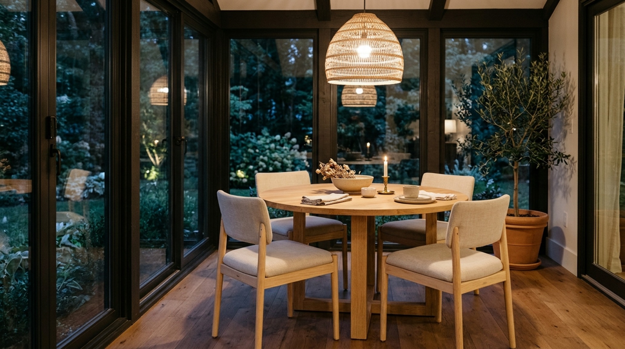 Editorial view of an ergonomic dining layout on an enclosed porch with 30-inch chair clearances, a white oak table, and soft linen chairs under warm 2700K pendant lighting.