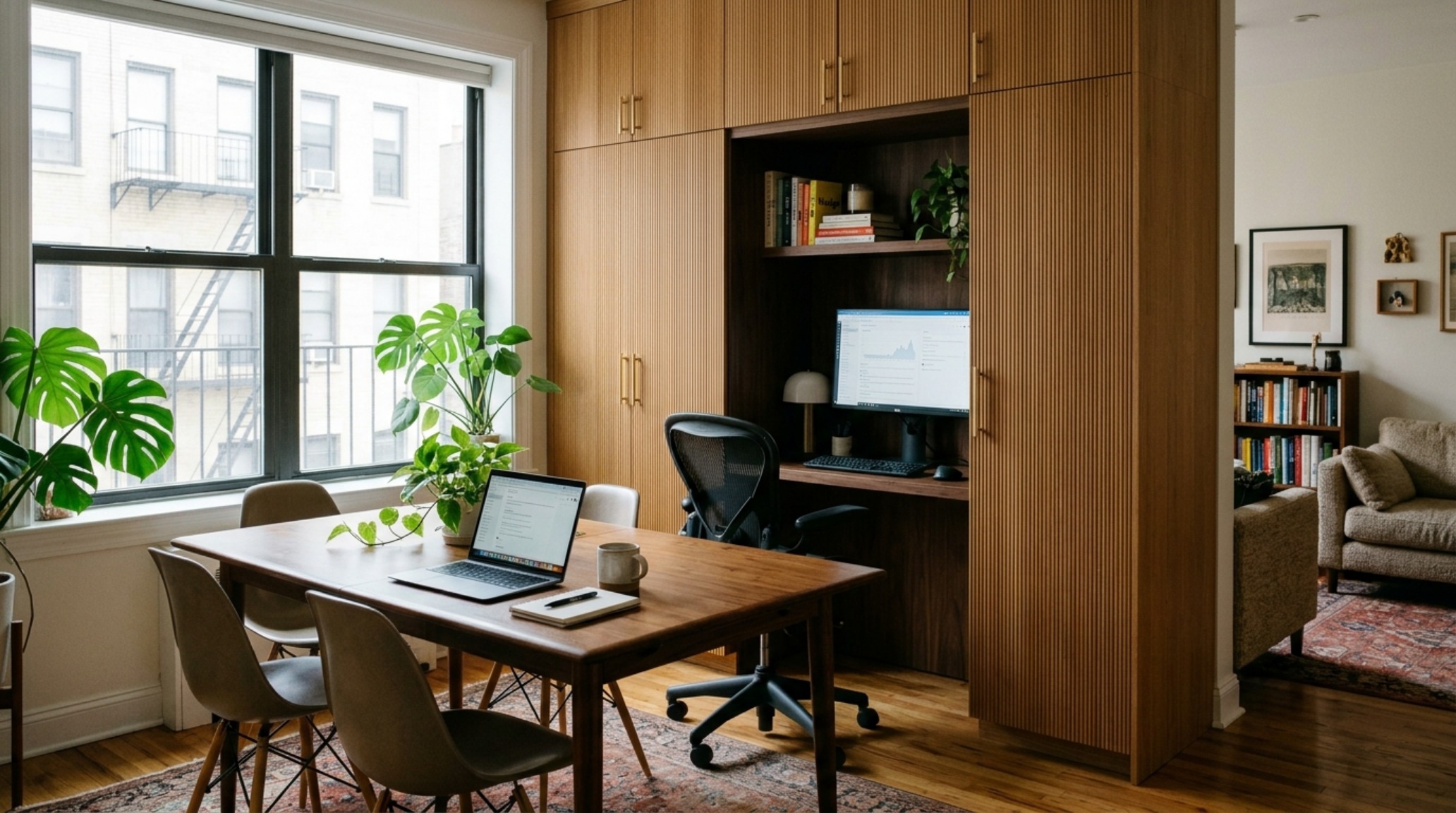 Modern Kroesser Strat New York apartment decor ideas layout featuring a multi-functional dining area with a custom fluted oak desk nook. Modern Kroesser Strat New York apartment decor ideas layout featuring a multi-functional dining area with a custom fluted oak desk nook.