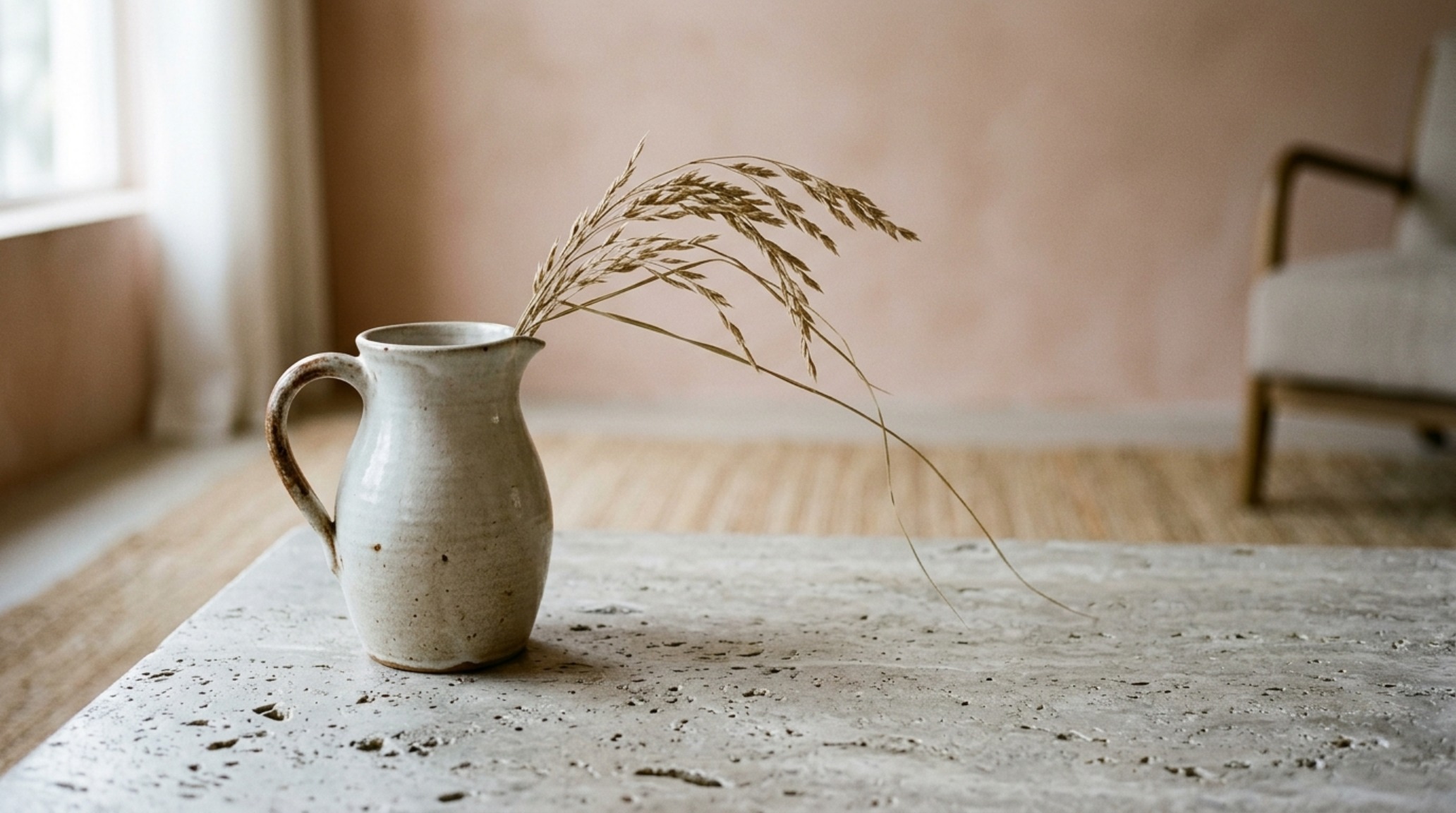 Detail shot of a honed travertine side table and a ceramic vase, illustrating luxury coastal cowgirl design trend decor ideas textures against a limewash wall in Farrow & Ball Setting Plaster.