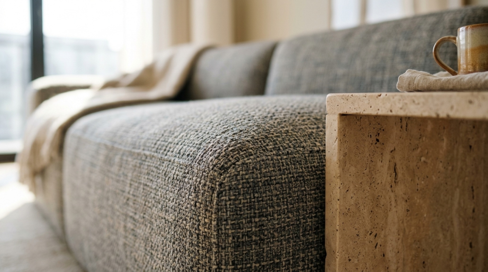 Close-up of the tactile performance weave on a 7th Avenue couch, showing the modular seams and a nearby honed travertine coffee table with 18-inch ergonomic reach.