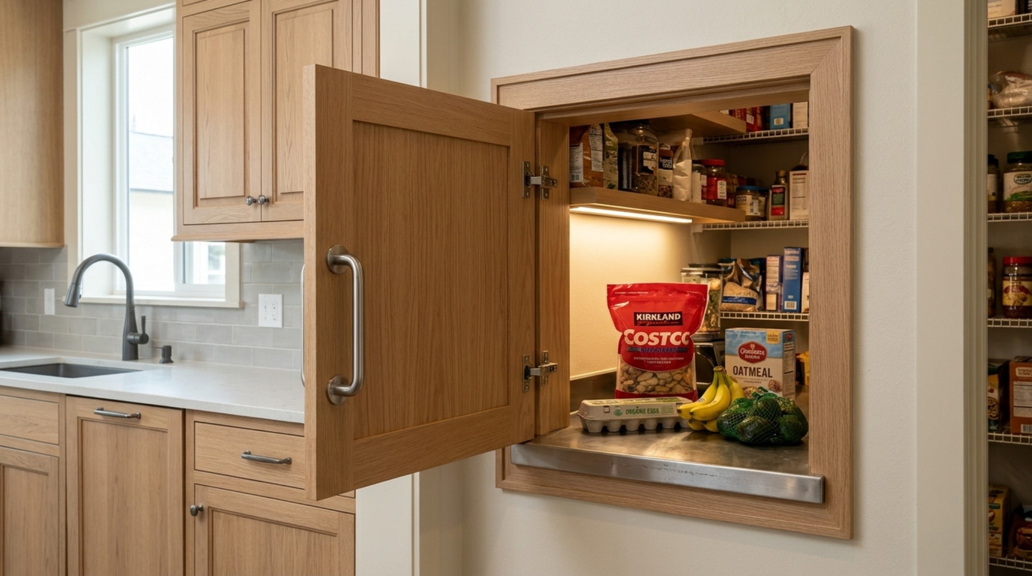 Close-up detail of a hidden grocery pass-through door mechanism in a modern pantry, showing the architectural layout and small pantry organization ideas for bulk storage.