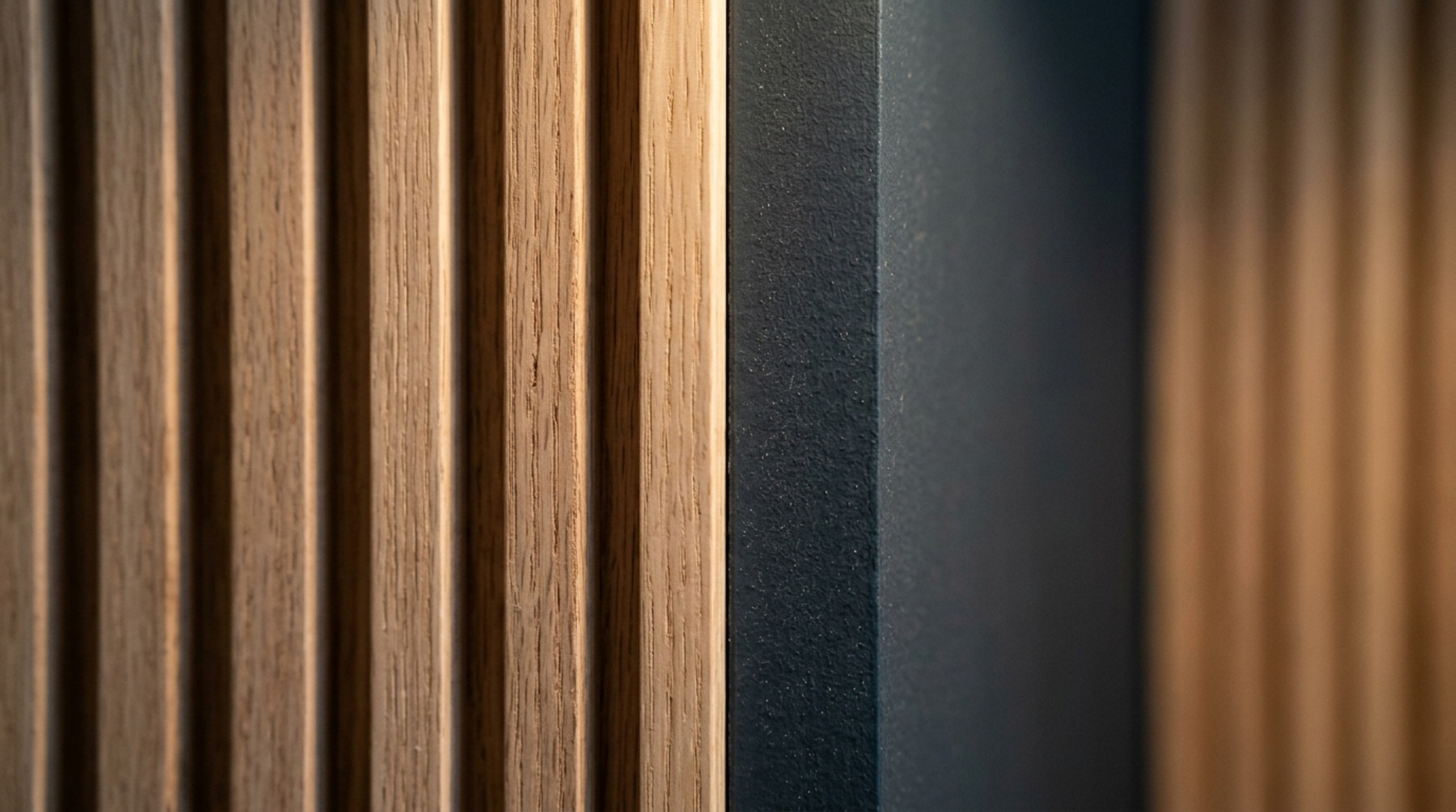 Detailed close-up of a fluted white oak panel meeting a flat-painted wall in Benjamin Moore Iron Mountain, illustrating luxury flat paint decor ideas textures and high-CRI lighting.