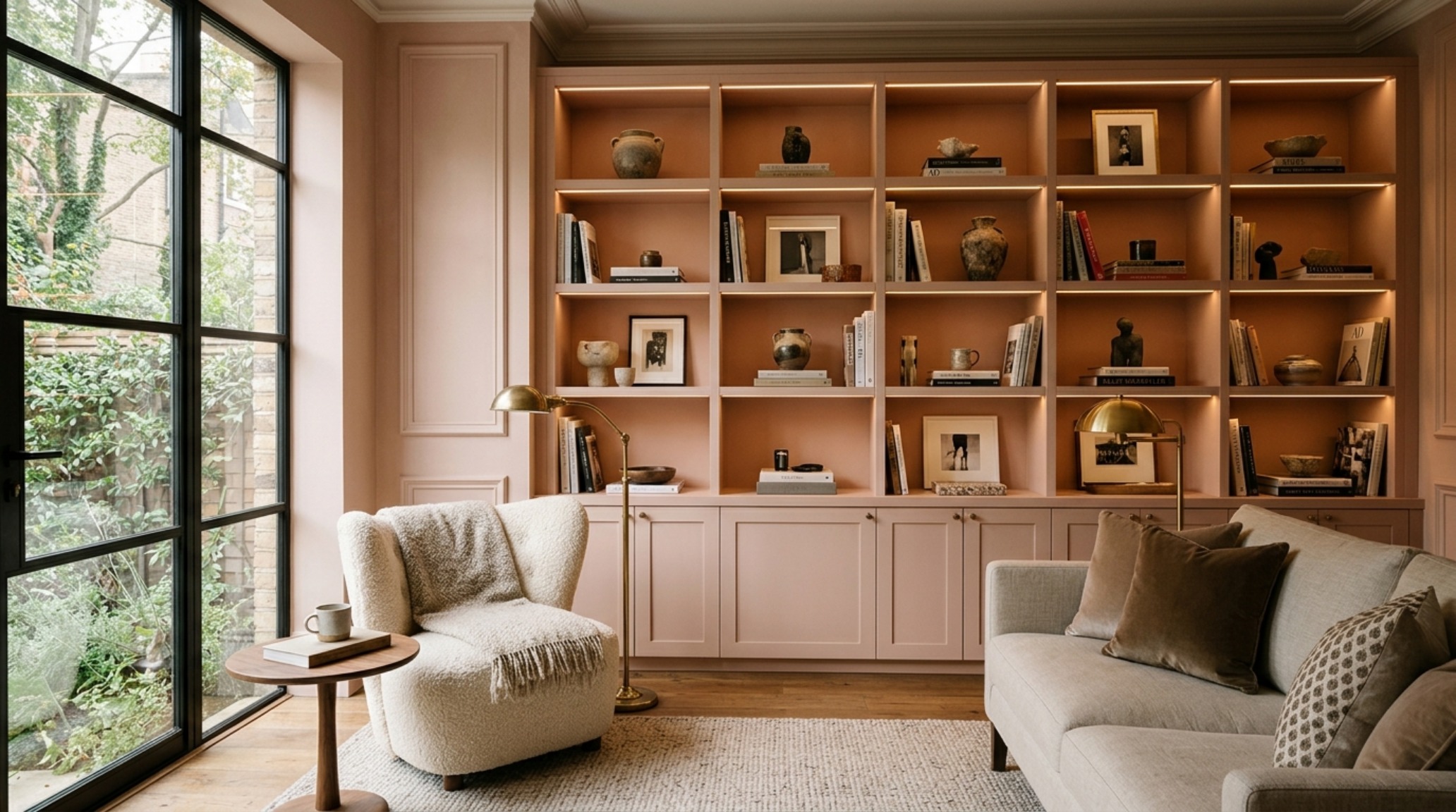 Bespoke floor-to-ceiling built-in shelving in a small living room painted in Farrow & Ball Setting Plaster, maximizing vertical storage. Bespoke floor-to-ceiling built-in shelving in a small living room painted in Farrow & Ball Setting Plaster, maximizing vertical storage.
