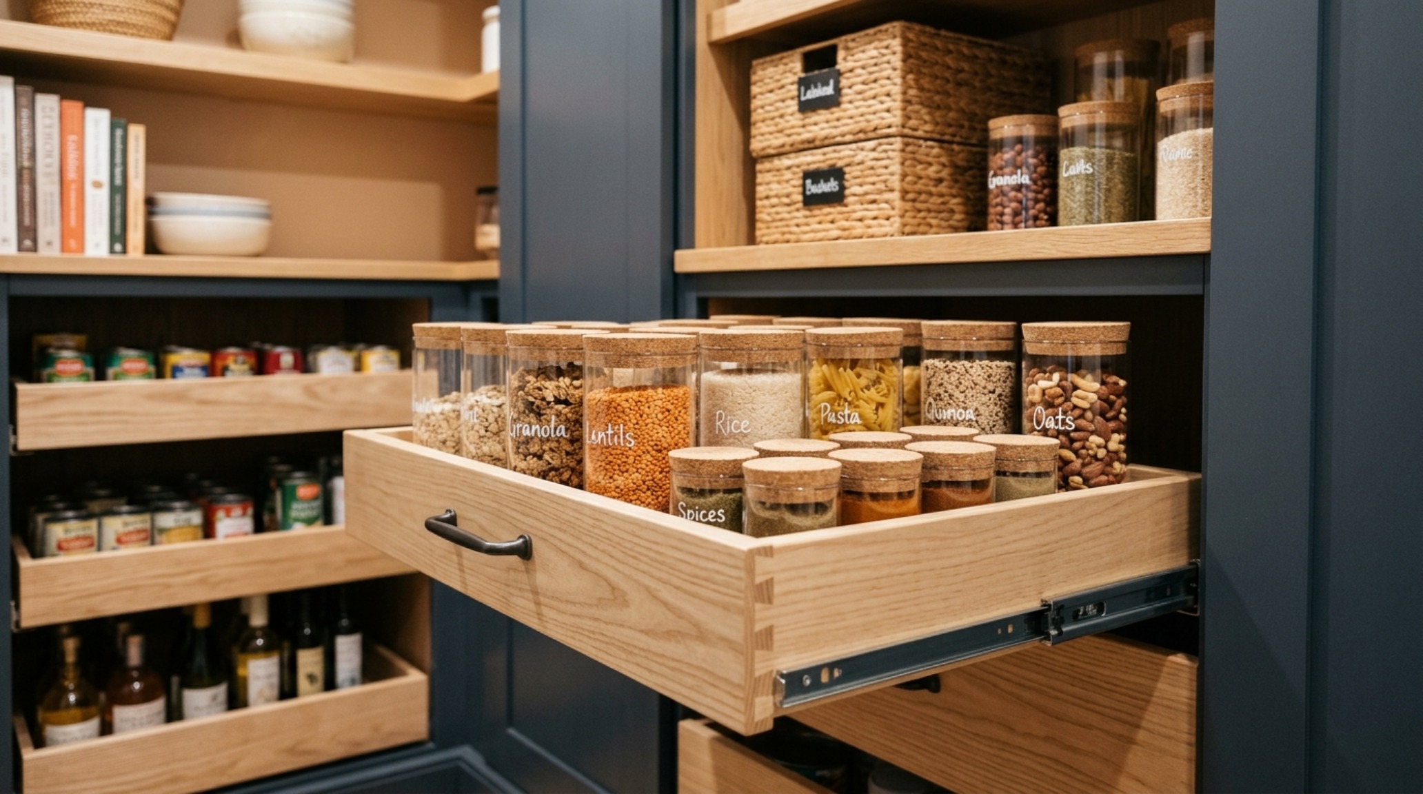 Mid-shot of a pantry drawer system featuring custom dividers for small pantry organization ideas layout, showcasing ergonomic reach and visibility.