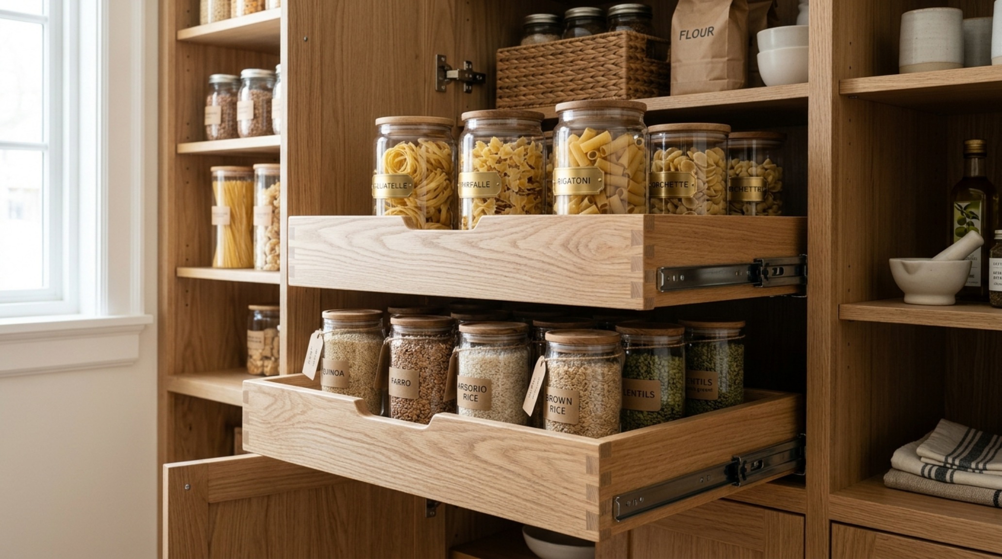 Close-up of rift-sawn oak pull-out drawers demonstrating small pantry organization ideas ergonomics with heavy-duty soft-close hardware. Close-up of rift-sawn oak pull-out drawers demonstrating small pantry organization ideas ergonomics with heavy-duty soft-close hardware.
