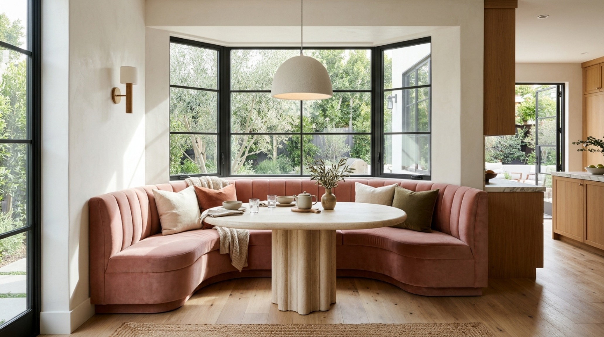 Editorial view of a dining area highlighting barbie movie dreamhouse pink paint shortage decor ideas layout with 30-inch chair clearances and a blush velvet banquette.