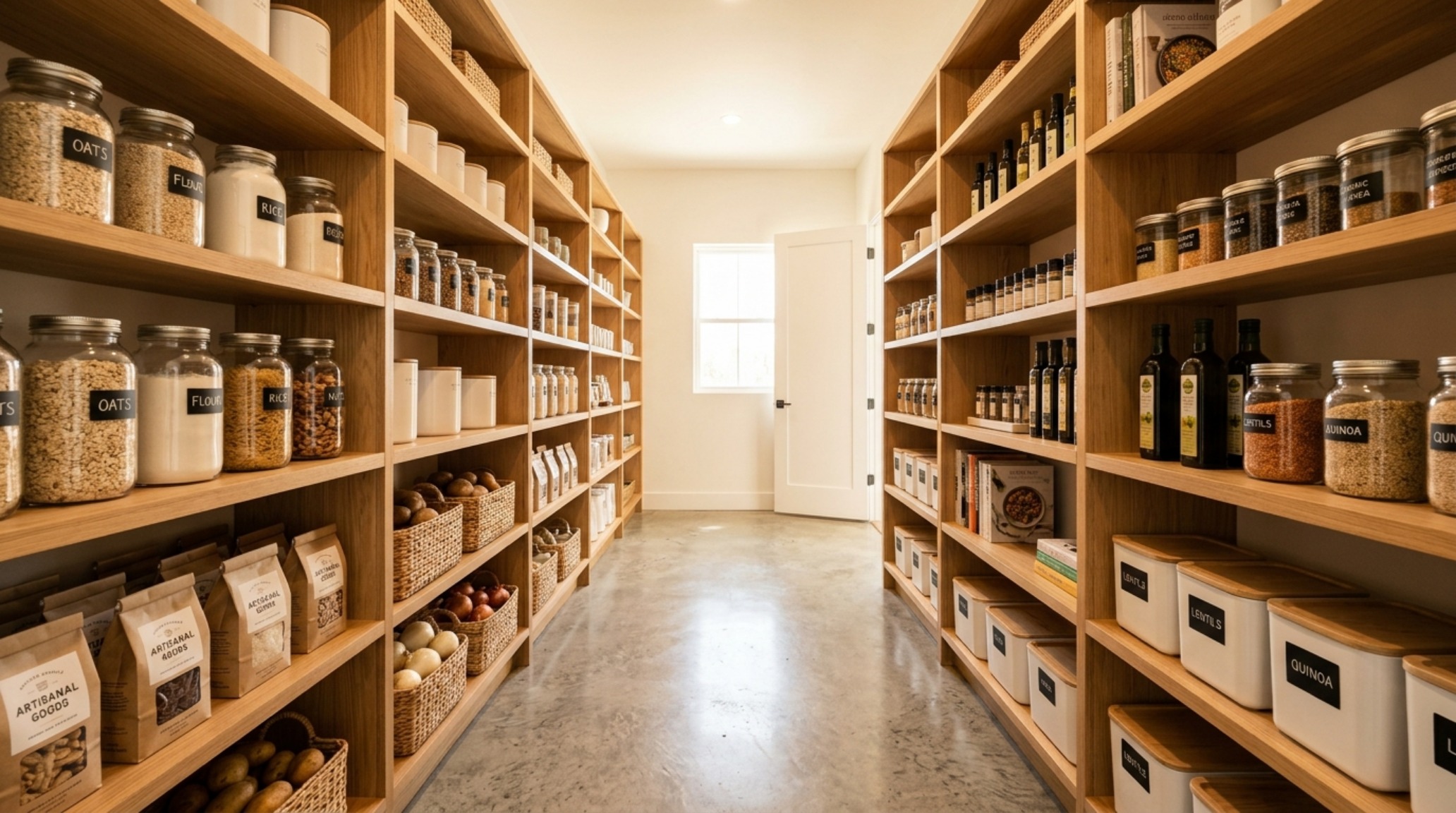 Architectural view of a walk-in pantry with 36-inch clearances and floor-to-ceiling shelving in a modern kitchen.