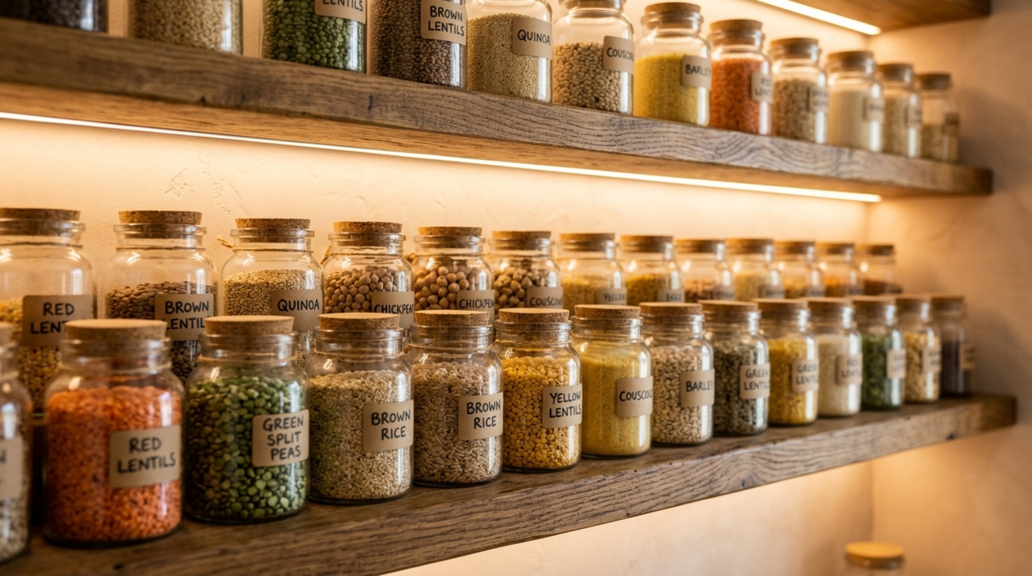 Close-up detail of decanted grains in uniform glass jars on 10-inch deep shelves, showcasing the beauty of small pantry organization ideas textures.