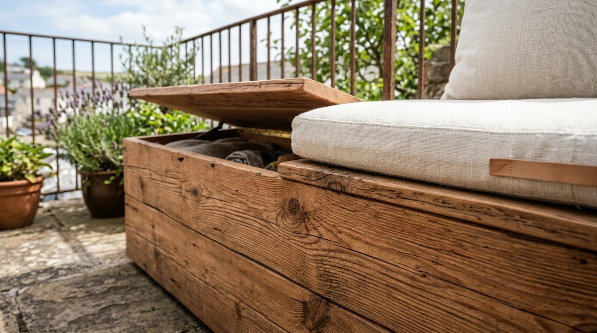 Detail of a custom cedar wood storage bench on a balcony with a waterproof flip-top lid and integrated linen cushions for ergonomic comfort. Detail of a custom cedar wood storage bench on a balcony with a waterproof flip-top lid and integrated linen cushions for ergonomic comfort.