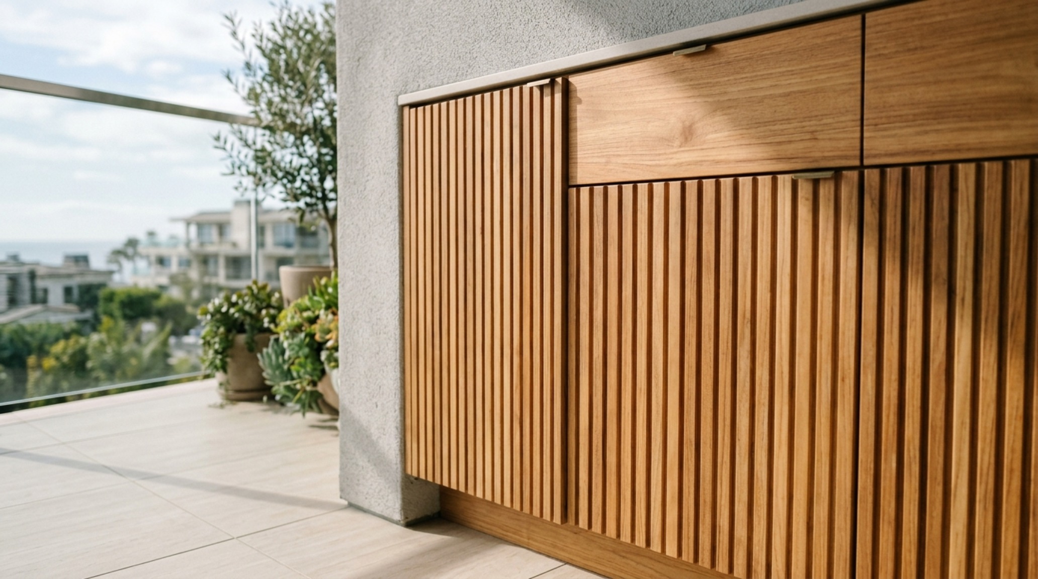 Close-up of custom fluted teak cabinetry on a small apartment balcony, showcasing hidden storage solutions and ergonomic 18-inch seat heights. Close-up of custom fluted teak cabinetry on a small apartment balcony, showcasing hidden storage solutions and ergonomic 18-inch seat heights.