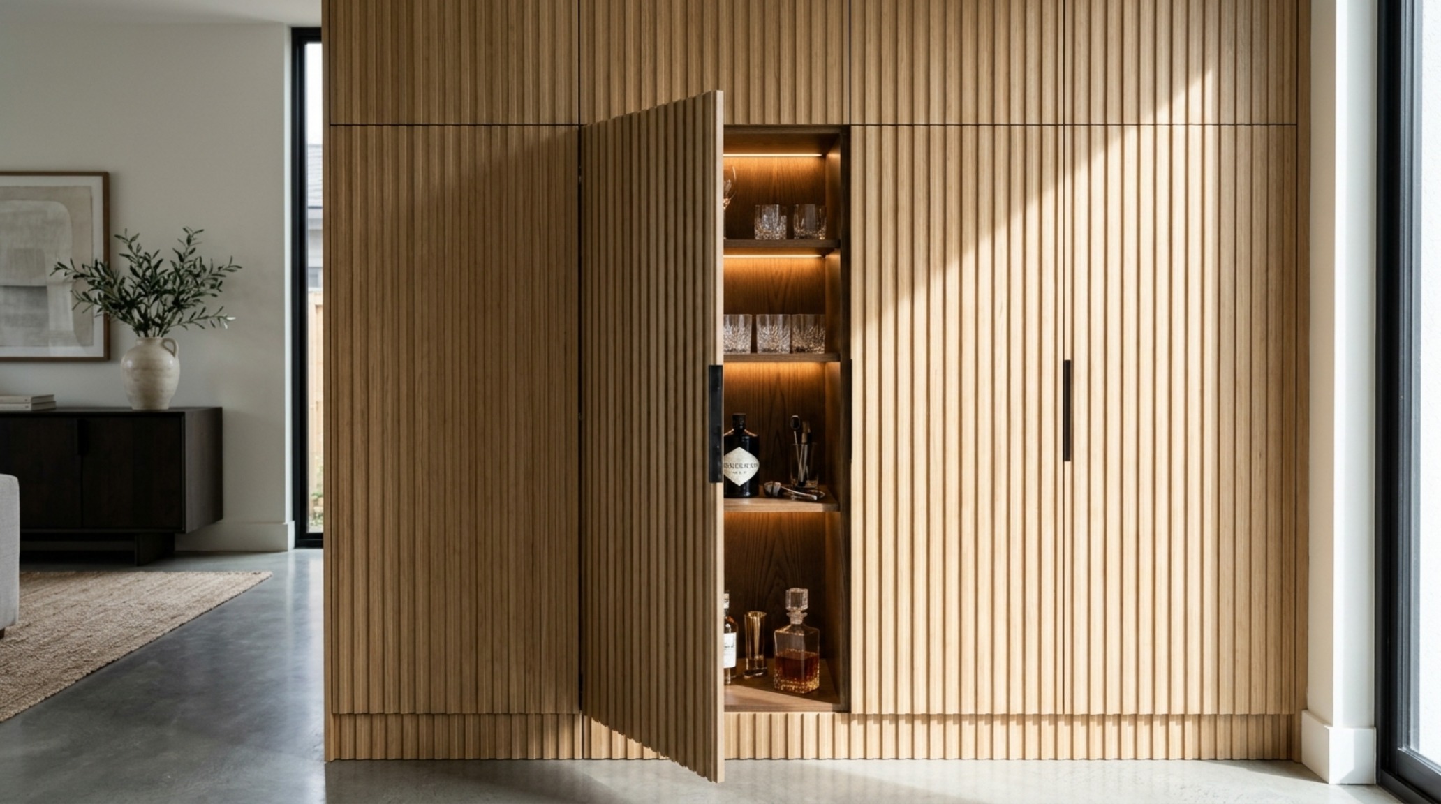 Close-up detail of bespoke fluted white oak cabinetry with a hidden touch-latch mechanism, showcasing ingenious storage solutions by a 3d living room designer.