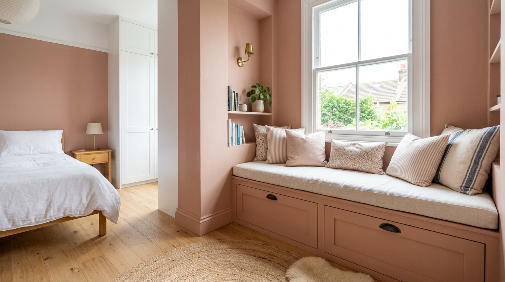 small space bright bedroom color ideas showing a built-in window seat with hidden storage drawers in a soft sage and cream palette small space bright bedroom color ideas showing a built-in window seat with hidden storage drawers in a soft sage and cream palette