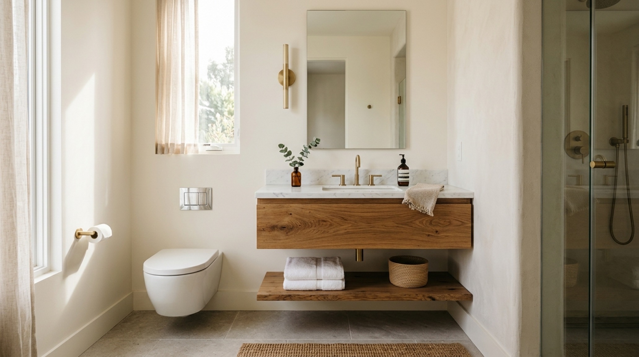 small space interior design ideas for bathrooms showcasing a floating white oak vanity with a vessel sink and wall-mounted matte black faucets small space interior design ideas for bathrooms showcasing a floating white oak vanity with a vessel sink and wall-mounted matte black faucets