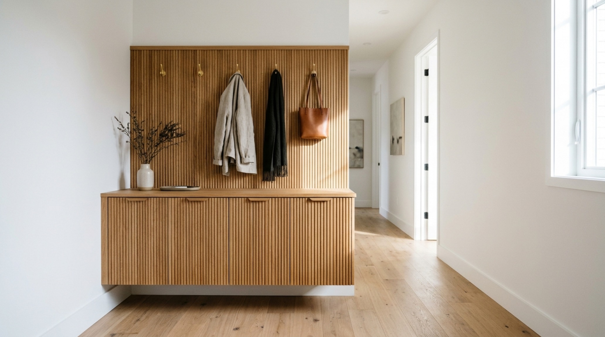 small space unique cabinets featuring a floating entryway console in fluted oak with a 4-inch recessed toe-kick to maximize floor plane visibility. small space unique cabinets featuring a floating entryway console in fluted oak with a 4-inch recessed toe-kick to maximize floor plane visibility.