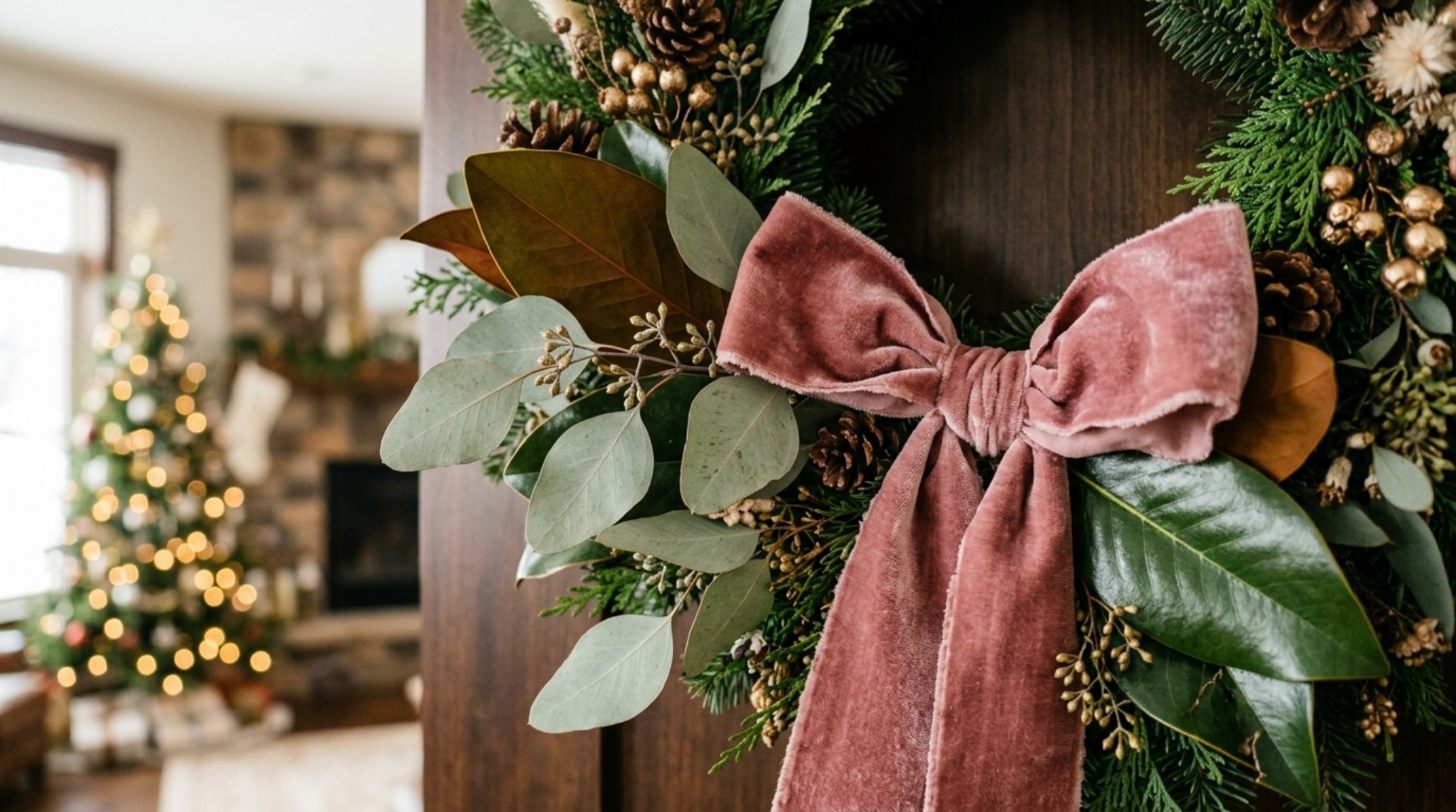 luxury how to decorate christmas wreaths textures featuring deep velvet ribbons and preserved eucalyptus on a dark charcoal door