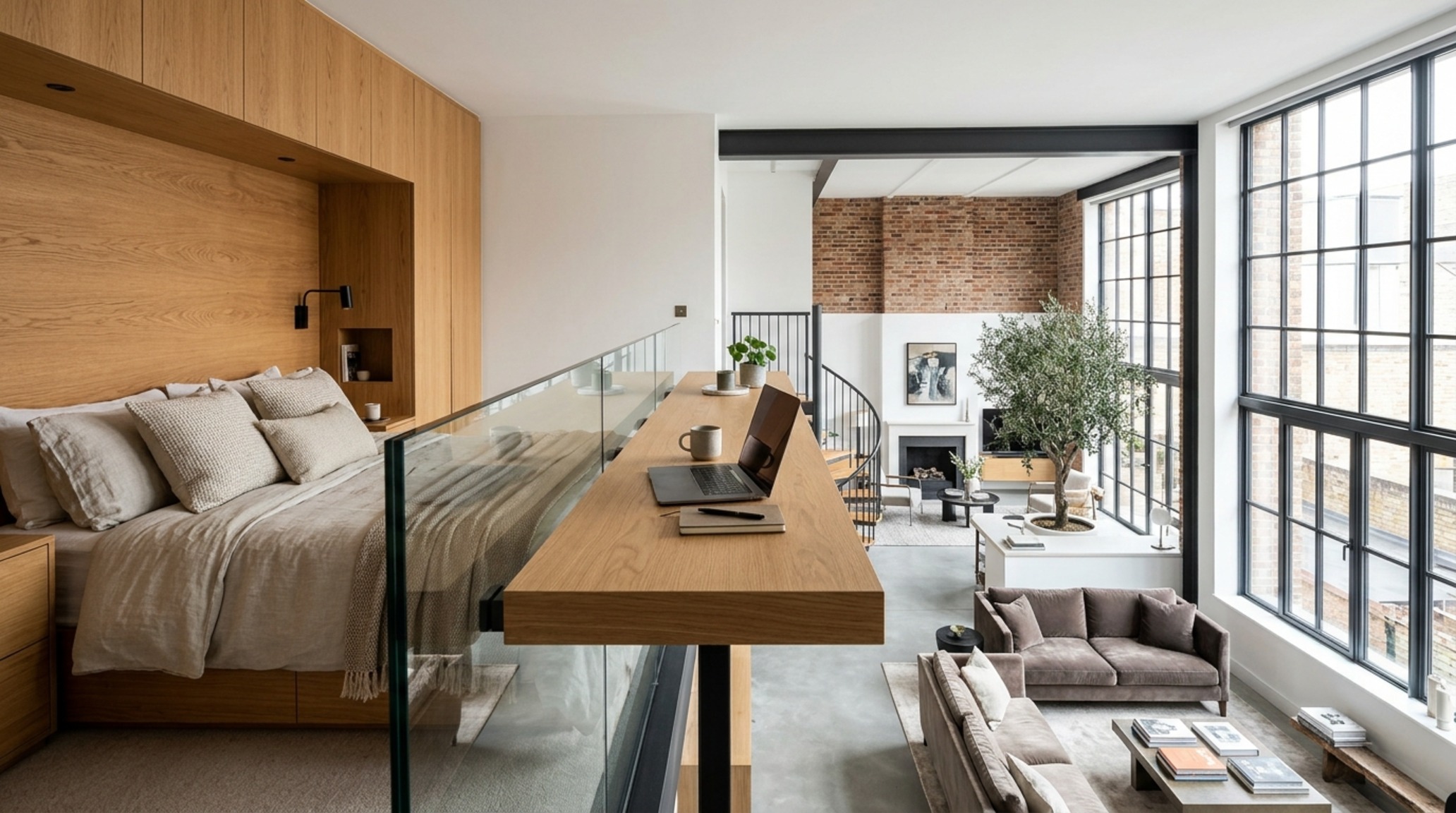 modern loft bedroom design ideas showing a multi-functional headboard with an integrated desk overlooking a double-height living area
