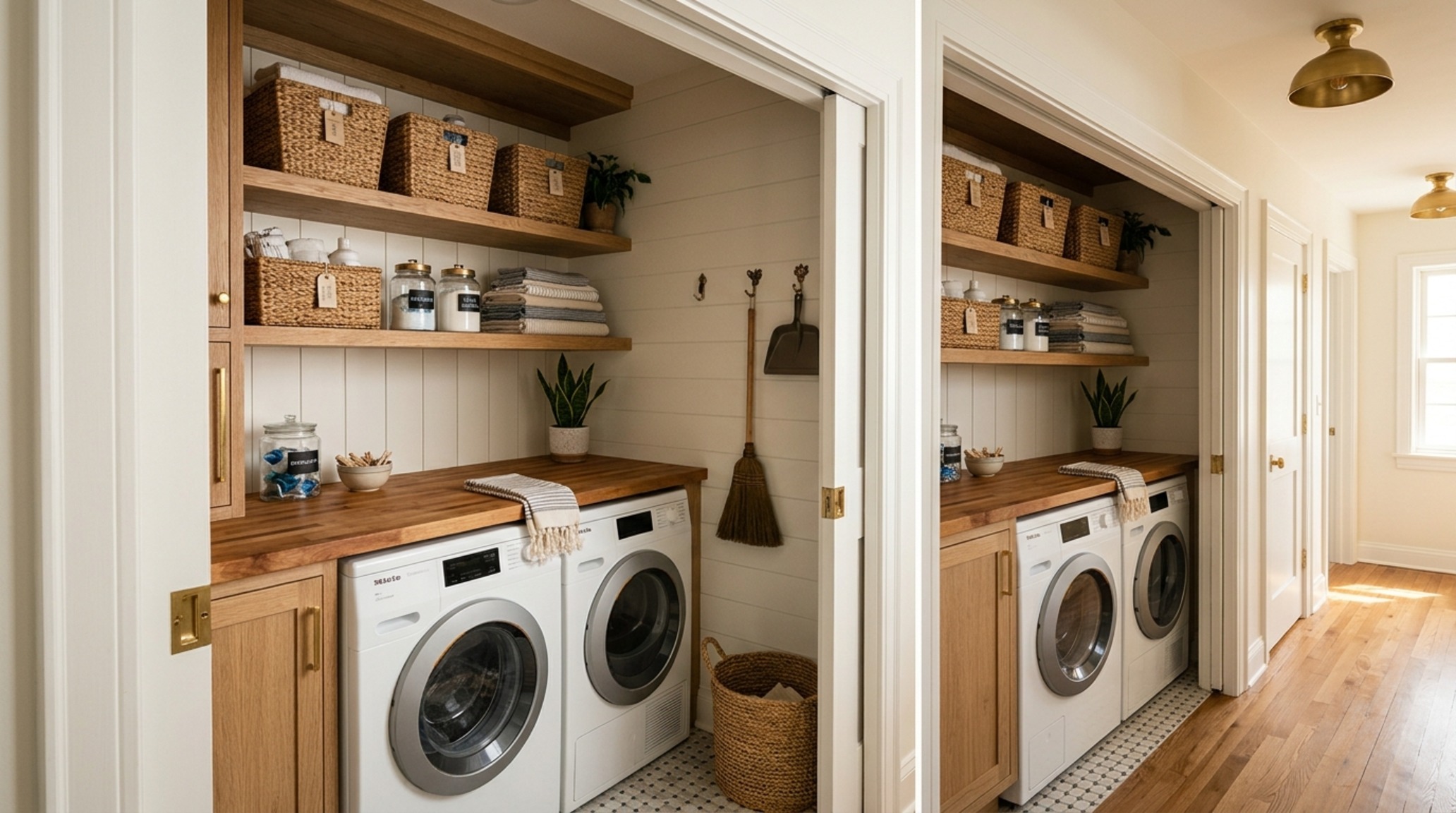 small space laundry room layout ideas showcasing a reach-in closet design with butcher block folding counter and accordion drying racks. small space laundry room layout ideas showcasing a reach-in closet design with butcher block folding counter and accordion drying racks.