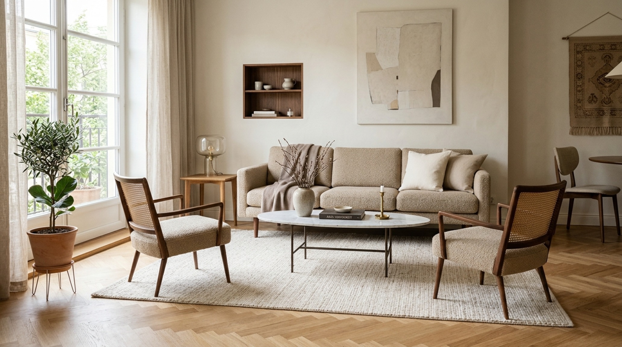 small space luxury living room furniture sets highlighting a slim-leg velvet sofa and nesting marble tables to maximize floor visibility