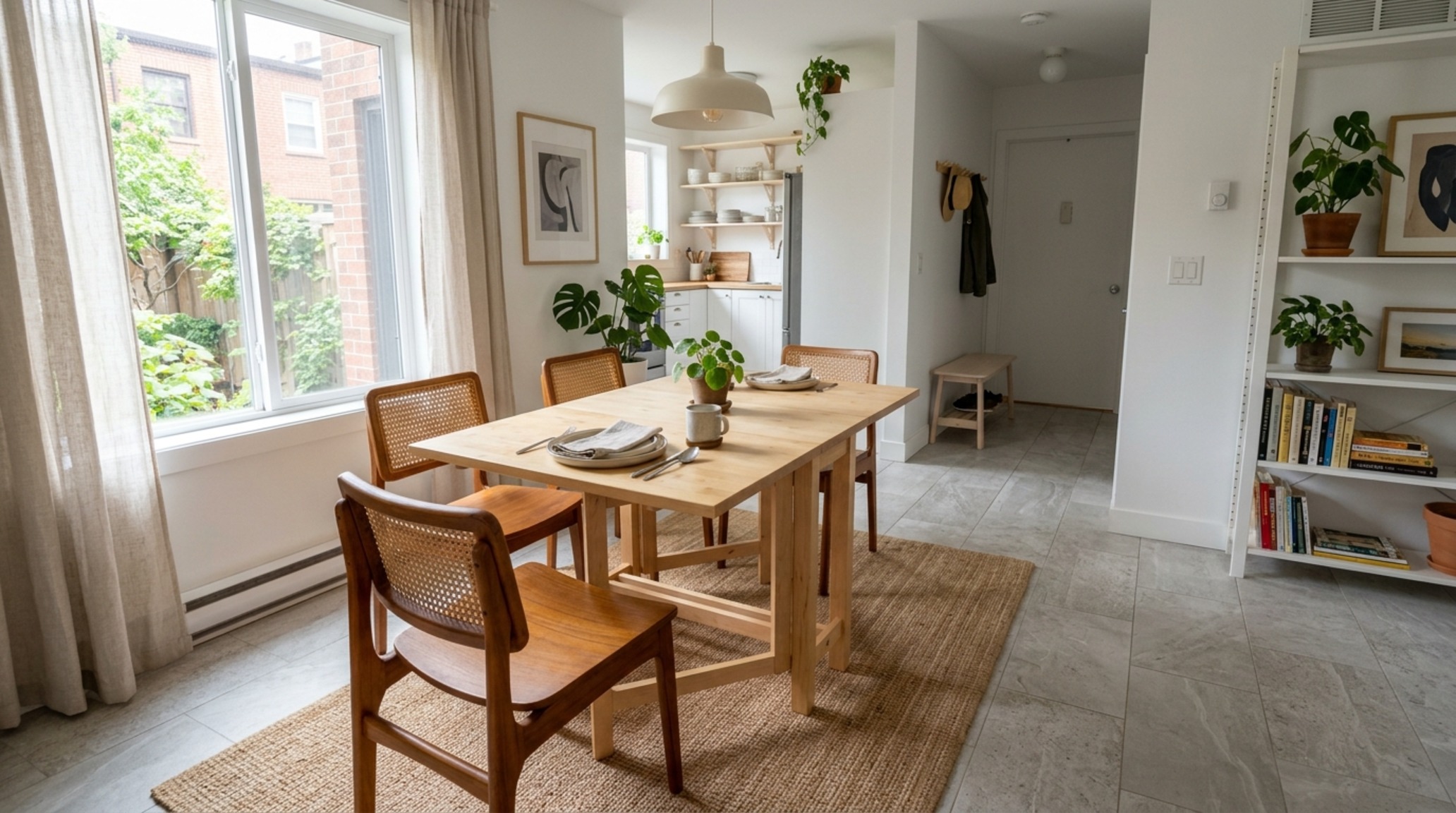 small space ikea room design showing a multifunctional gateleg table paired with sculptural vintage chairs and a 36-inch clear walkway.