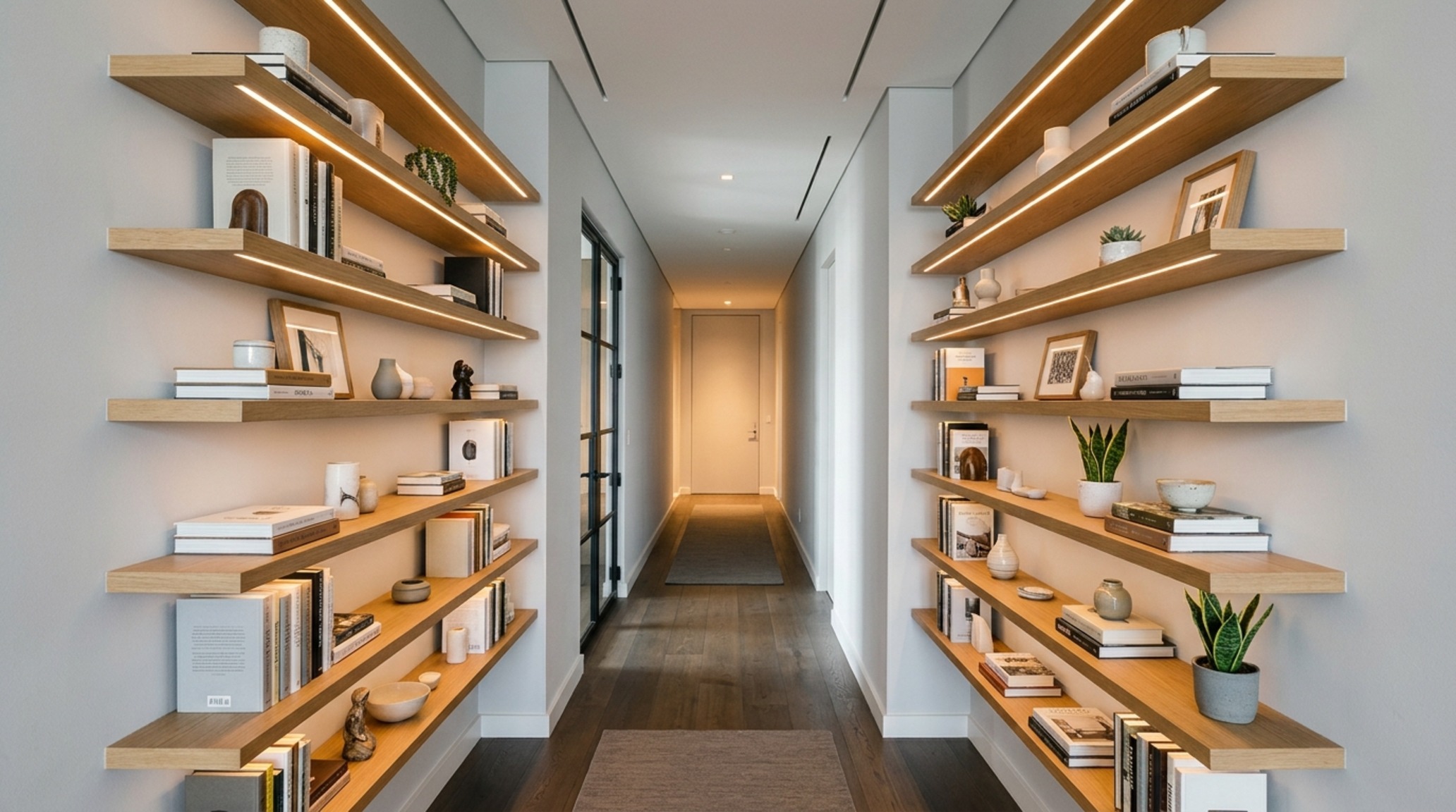 small space 30 shelves utilized in a narrow hallway alcove with floating white oak ledges and integrated warm LED strip lighting to expand the visual footprint.