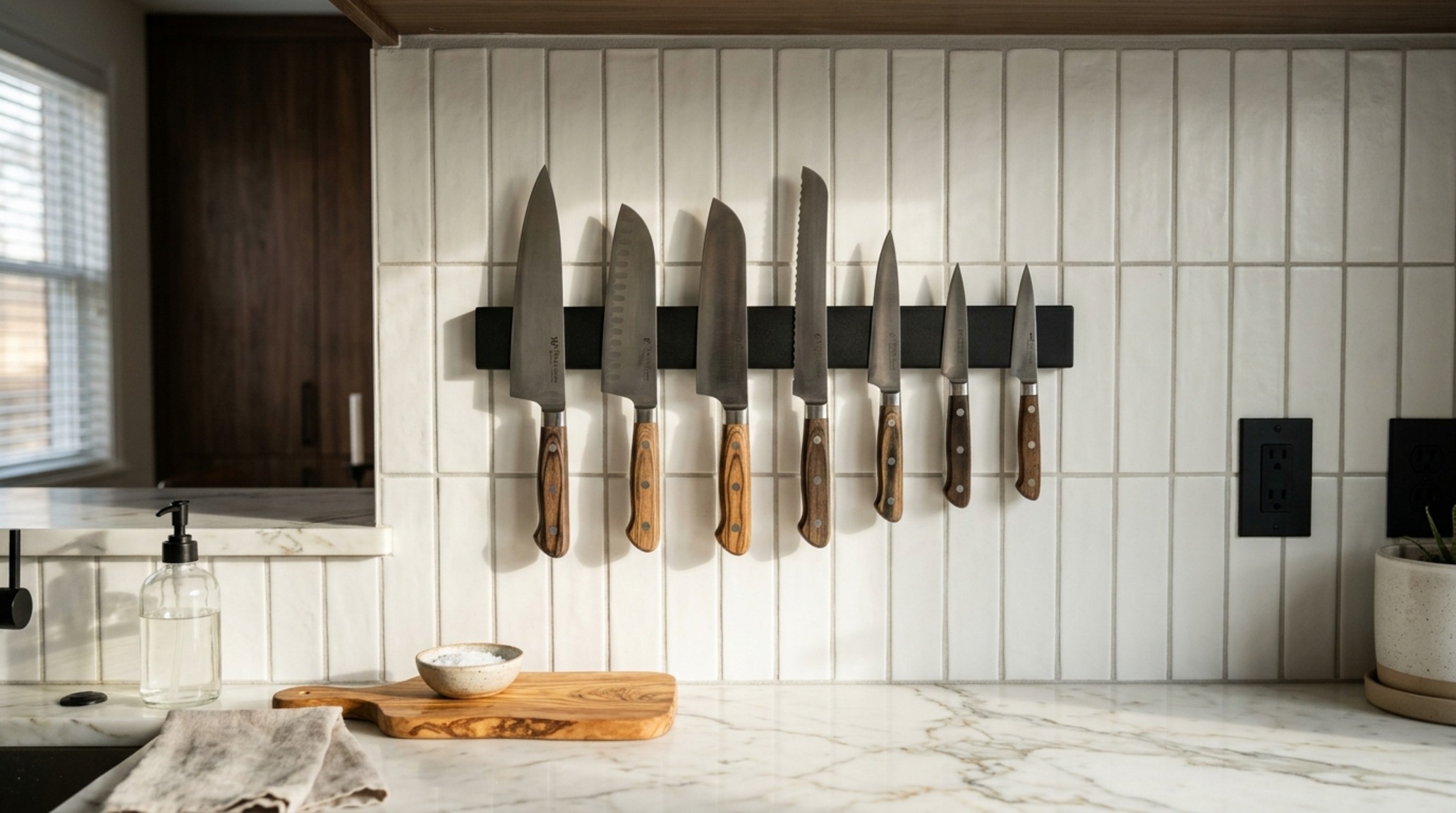 small space modern kitchen wall decor utilizing a matte black magnetic rail for ergonomic knife storage 18 inches above the countertop. small space modern kitchen wall decor utilizing a matte black magnetic rail for ergonomic knife storage 18 inches above the countertop.