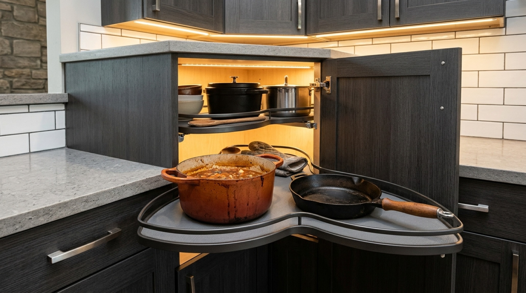 l shaped kitchen designs lighting guide showcasing a combination of 3000K under-cabinet LED task lighting and decorative brass pendants over a marble peninsula