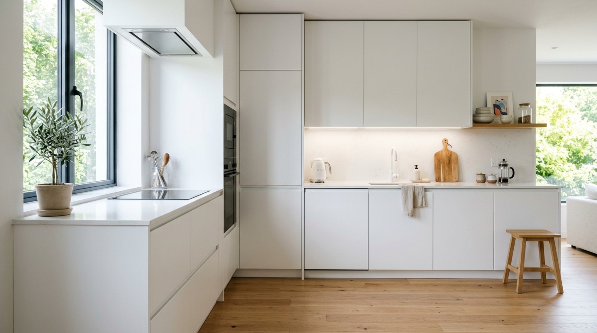 small space kitchen cabinet floor plans showing an L-shaped layout with floor-to-ceiling white cabinetry and integrated pocket doors for hidden appliances.