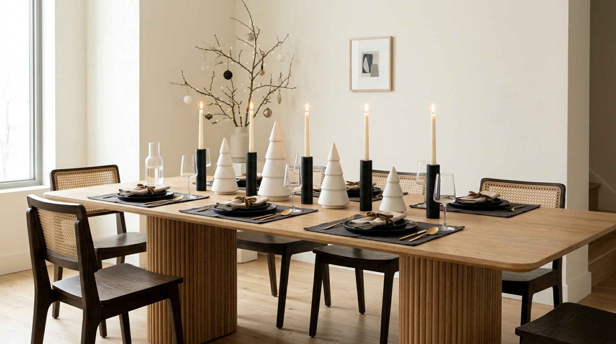 modern table decorations for christmas ideas using a rhythmic line of matte-black candle holders and geometric ceramic trees on a white oak dining table modern table decorations for christmas ideas using a rhythmic line of matte-black candle holders and geometric ceramic trees on a white oak dining table