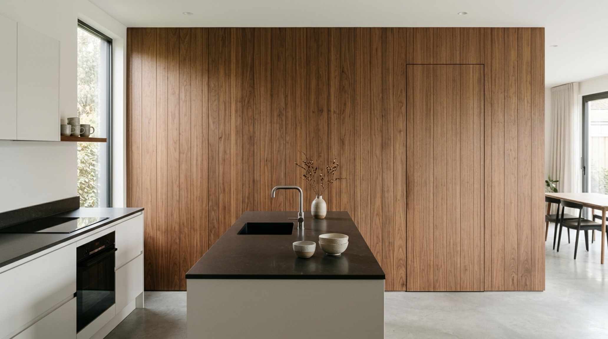 modern interior design advice ideas showcasing a hidden kitchen pantry behind seamless walnut pivot doors with shadow-gap architectural detailing
