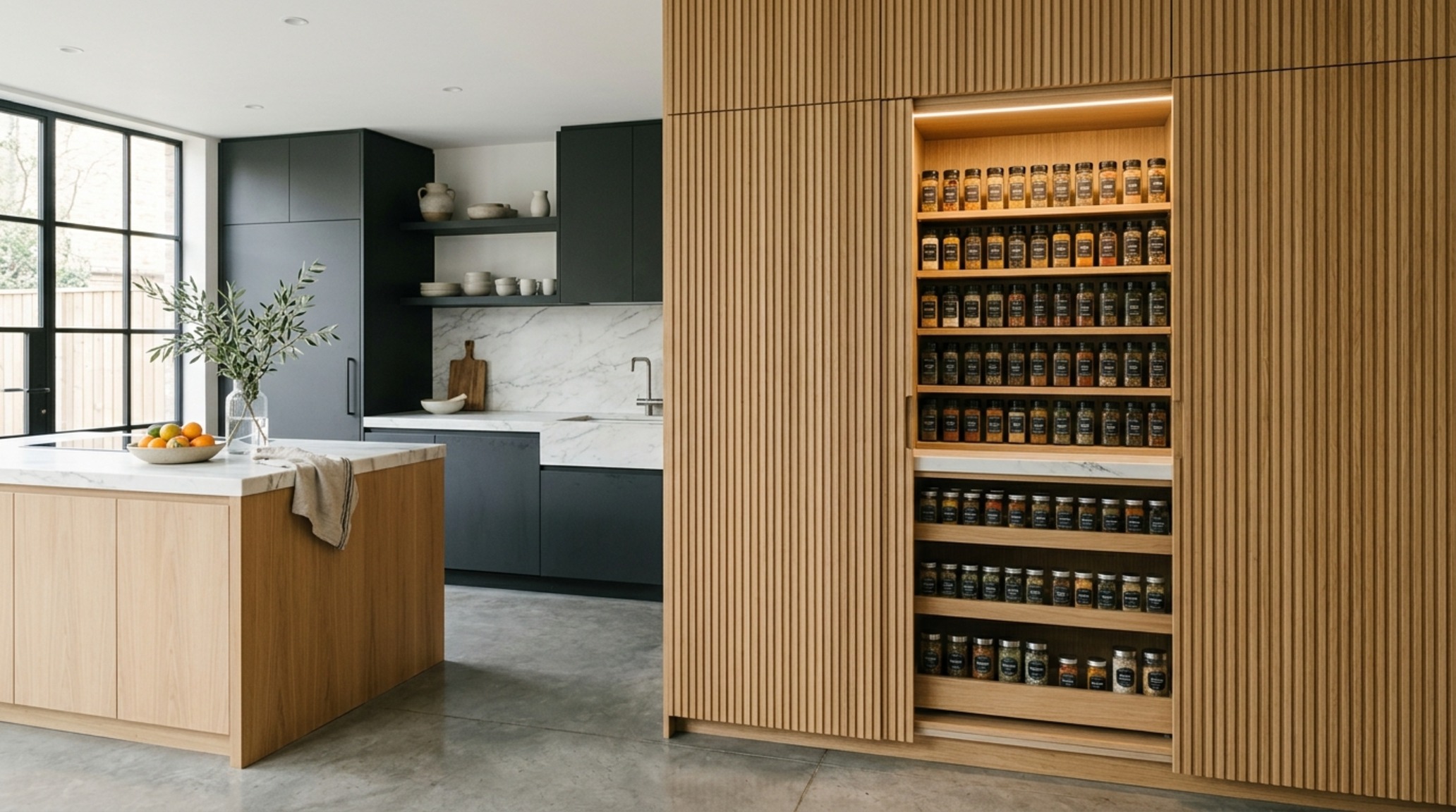 modern modern tropical architecture ideas showcasing a kitchen with pocket-door pantries and fluted wood panels for a clean aesthetic modern modern tropical architecture ideas showcasing a kitchen with pocket-door pantries and fluted wood panels for a clean aesthetic