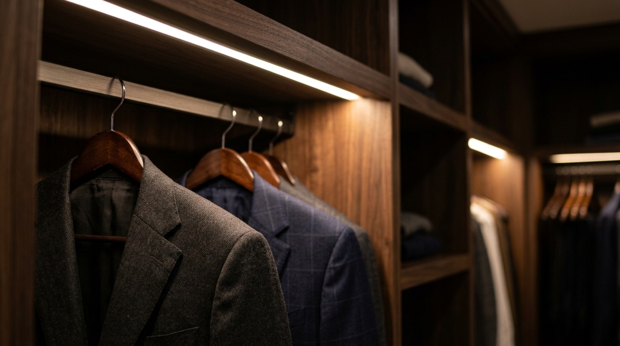 walk in clothes closet lighting guide showcasing recessed 2700K LED tape lighting within custom white oak shelving for high CRI garment visibility walk in clothes closet lighting guide showcasing recessed 2700K LED tape lighting within custom white oak shelving for high CRI garment visibility