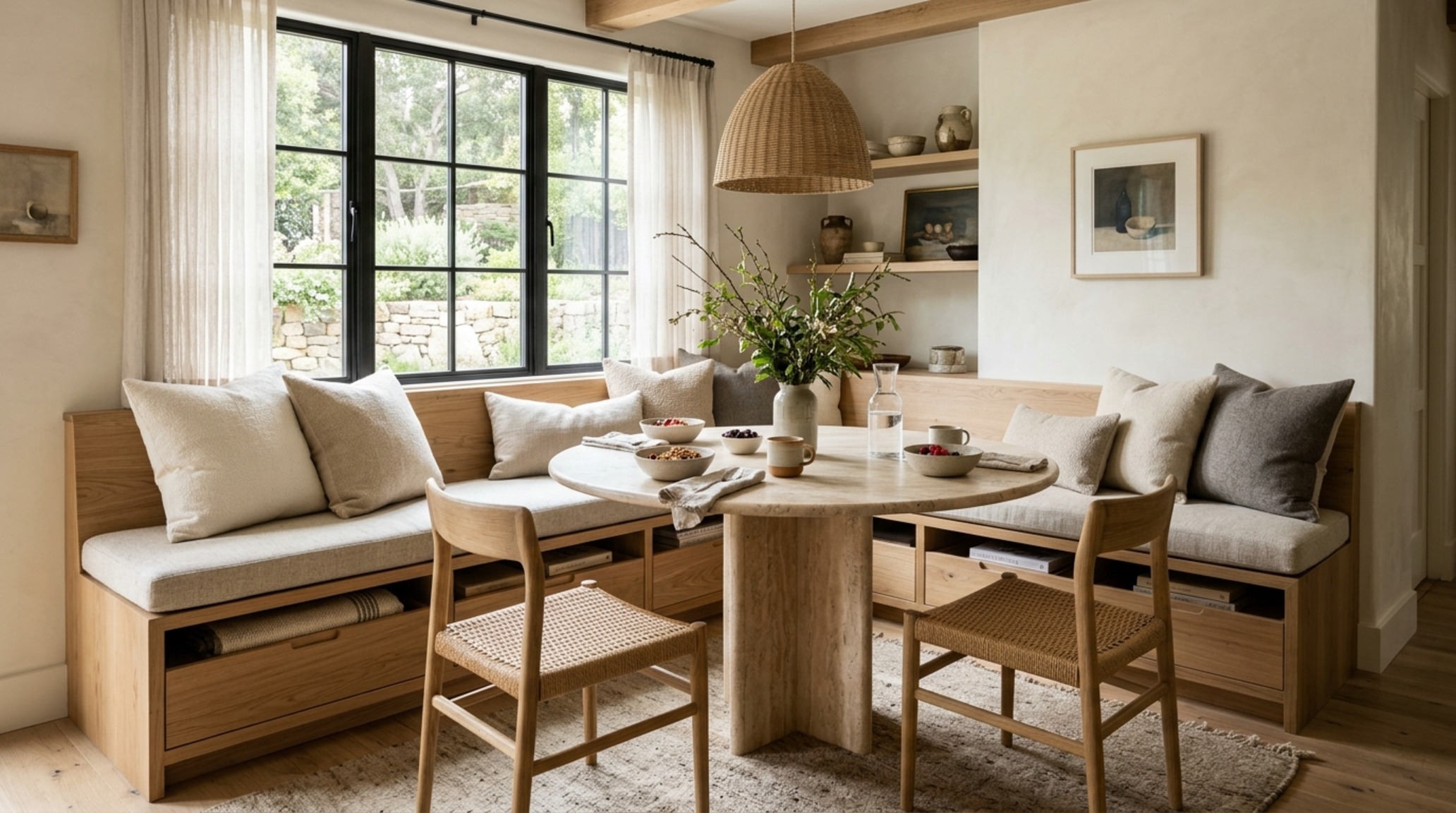 Modern modern rustic furniture ideas illustrating a built-in fluted white oak banquette for a compact dining nook with a pedestal table. Modern modern rustic furniture ideas illustrating a built-in fluted white oak banquette for a compact dining nook with a pedestal table.
