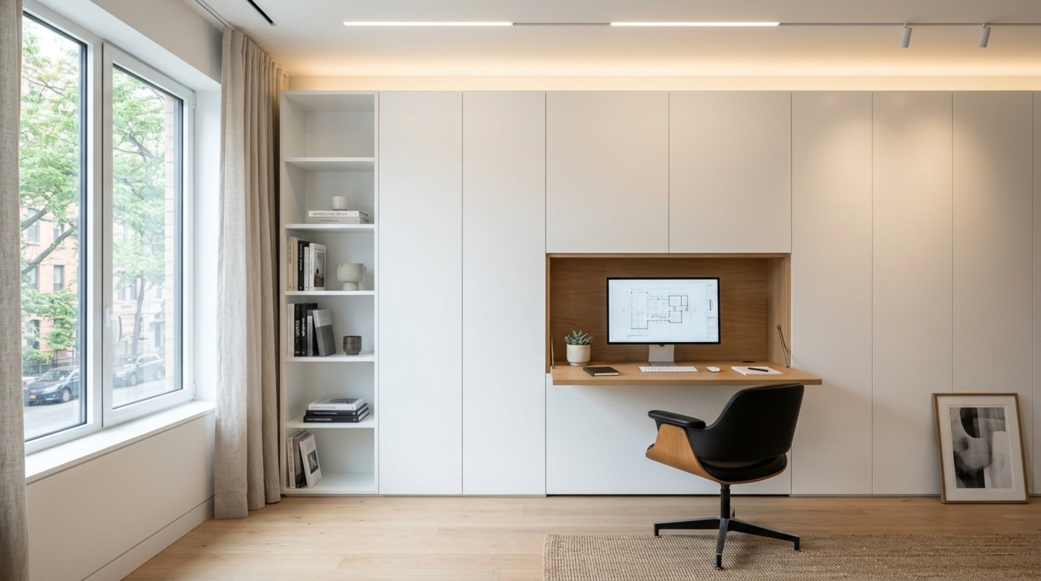 small space wall panels interior design showing a concealed fold-down desk system in matte white lacquer with 36-inch clearance. small space wall panels interior design showing a concealed fold-down desk system in matte white lacquer with 36-inch clearance.