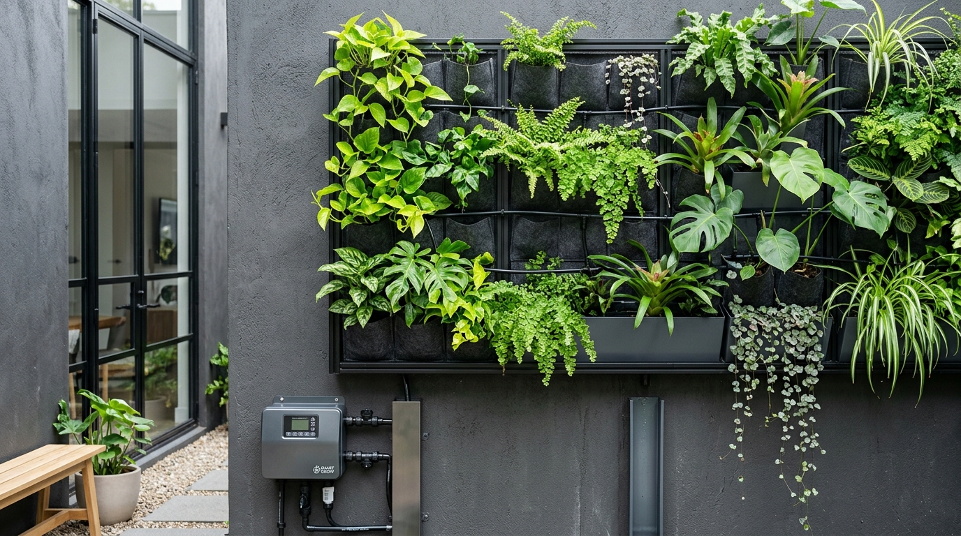 Vertical herb garden with a drip irrigation system integrated into a charcoal-colored architectural wall.