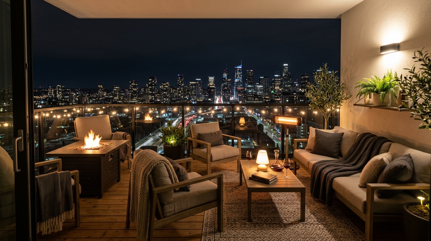 The final evening glow of a well-designed apartment balcony with layers of light and consistent thermal warmth.
