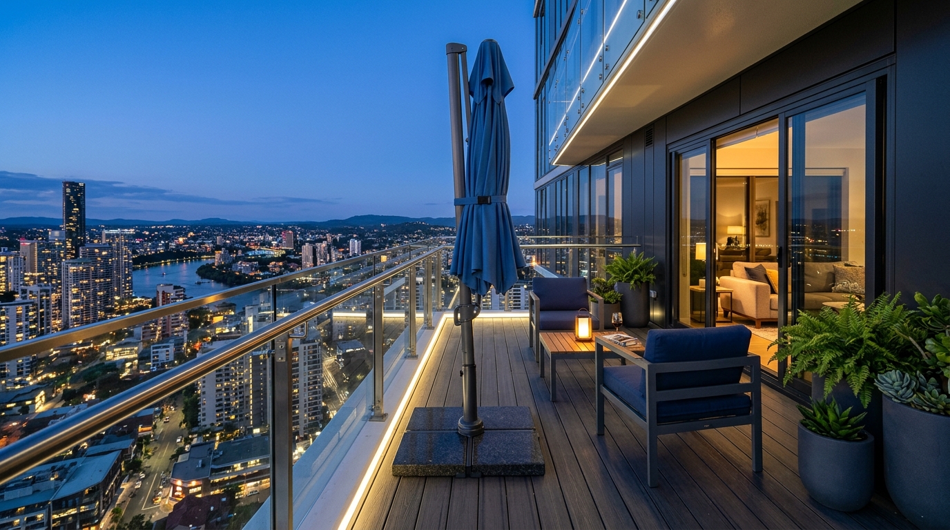 Compact balcony design for a high-rise apartment featuring glass railings and a wind-stable umbrella base for safety and style.
