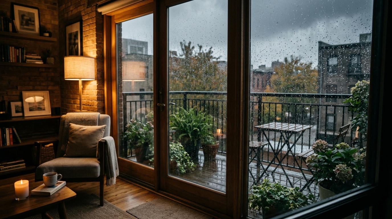 View of a central glazed patio during a rainstorm, highlighting the cozy, protected feeling of being surrounded by glass in a home glazed patio in center.