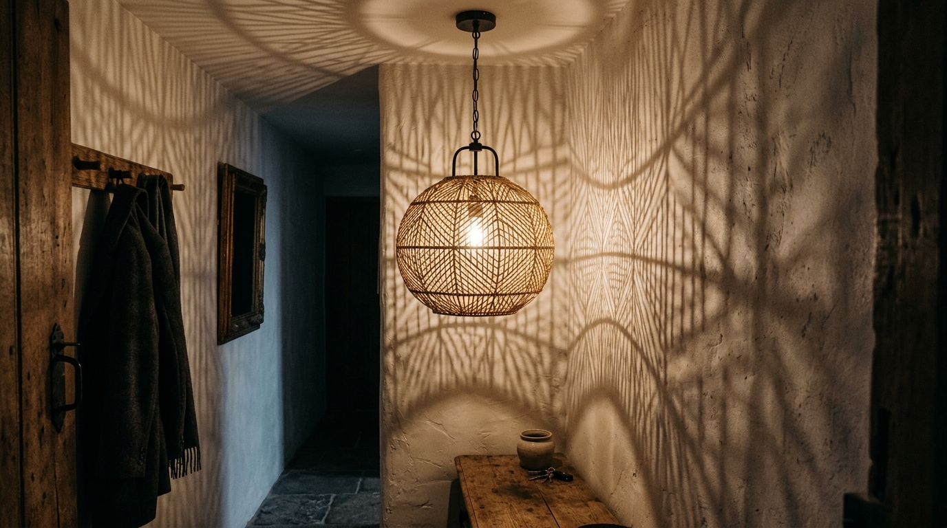Shadow play in a narrow hall created by a perforated metal light fixture casting geometric patterns on the floor. Shadow play in a narrow hall created by a perforated metal light fixture casting geometric patterns on the floor.