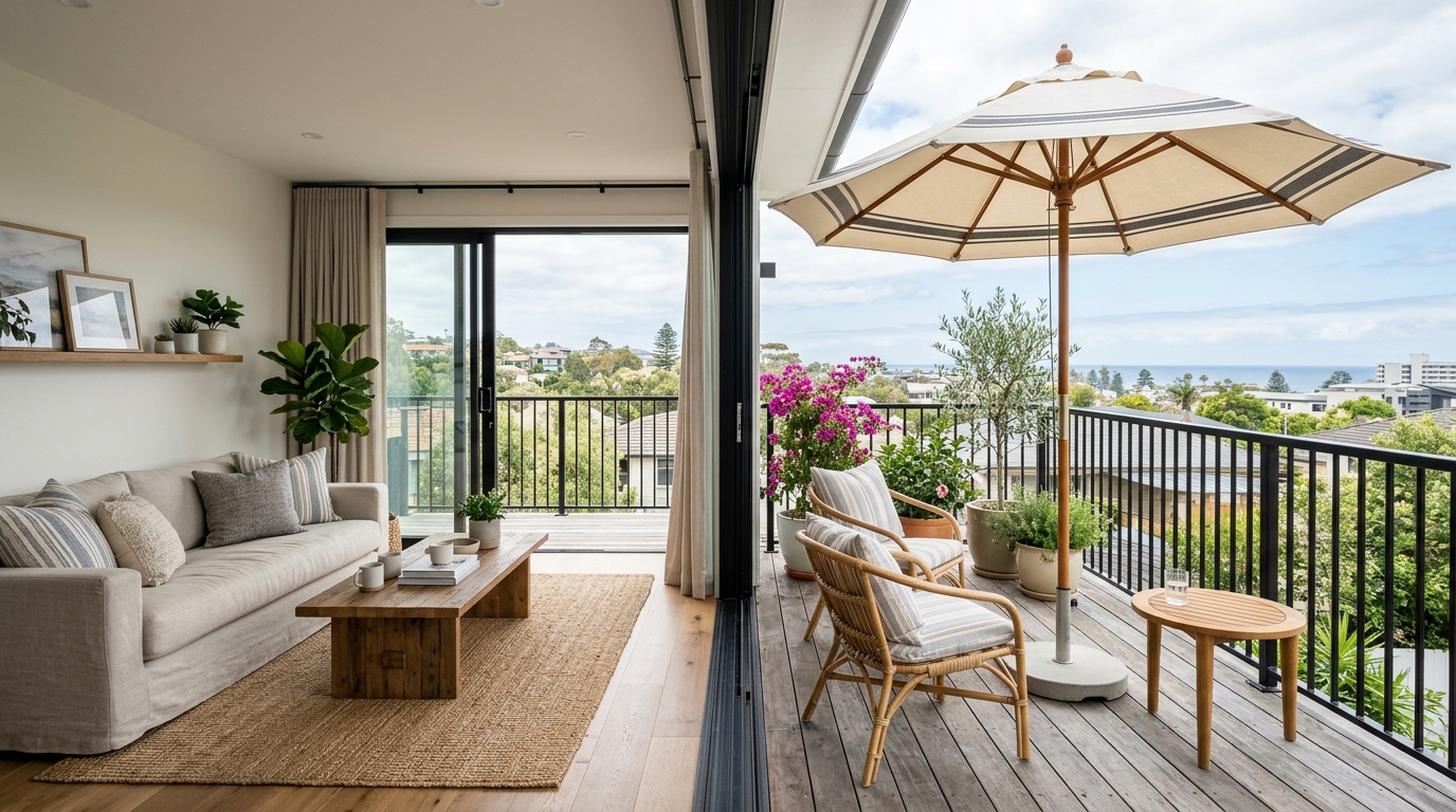 Interior-to-exterior transition shot showing how a well-placed balcony umbrella extends the visual living space of a small apartment.